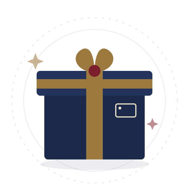 A navy gift box tied with a brass ribbon.